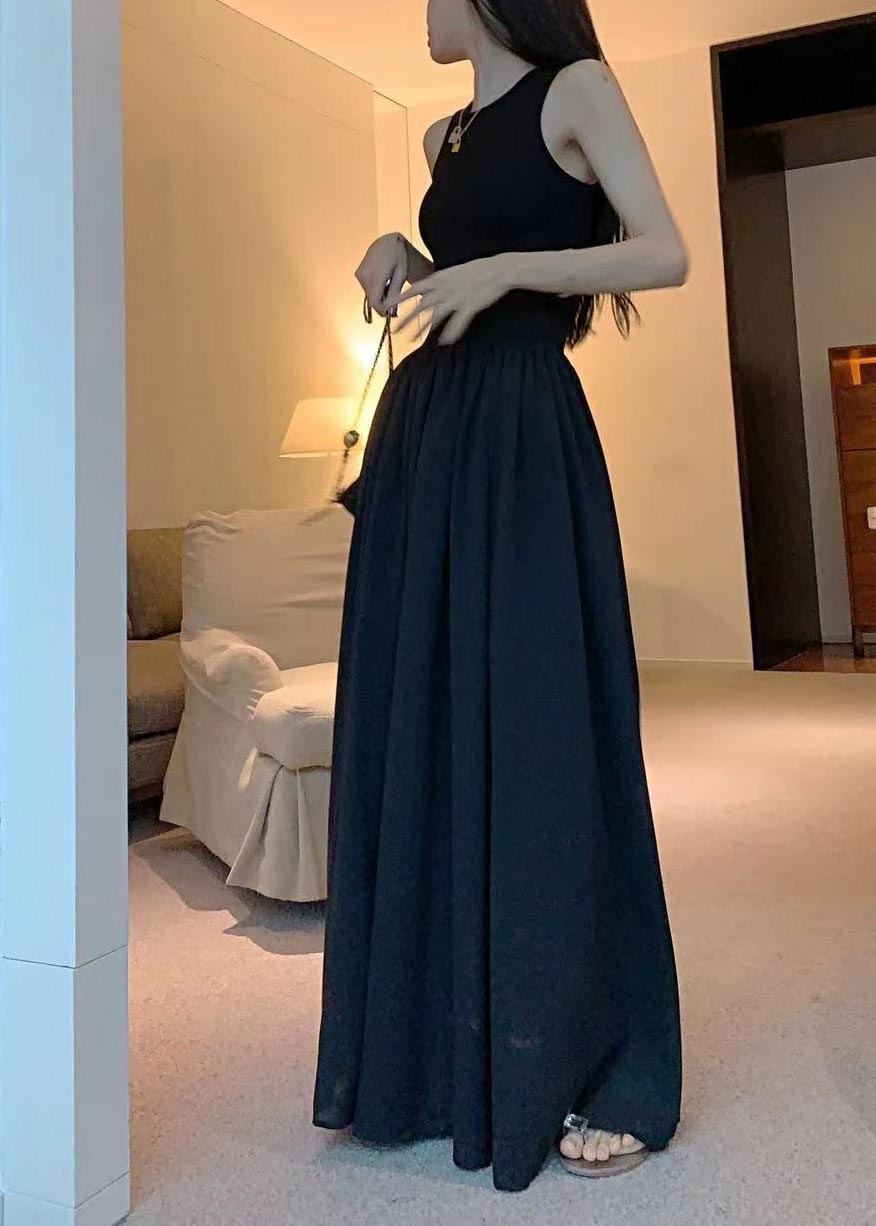 Italian Black Patchwork Silm Robe Cotton Dresses Sleeveless