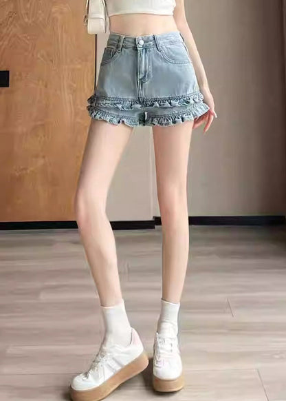 Blue Ruffled Patchwork Denim Shorts Summer