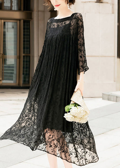 Handmade Black Square Collar Embroideried Silk a Line Dresses Summer