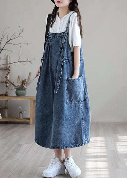Blue Drawstring Pocket Spaghetti Strap Cotton Denim Dress Spring