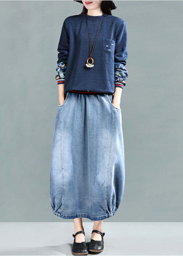 Light Blue Elastic Waist Pockets Cotton Denim Skirt Summer