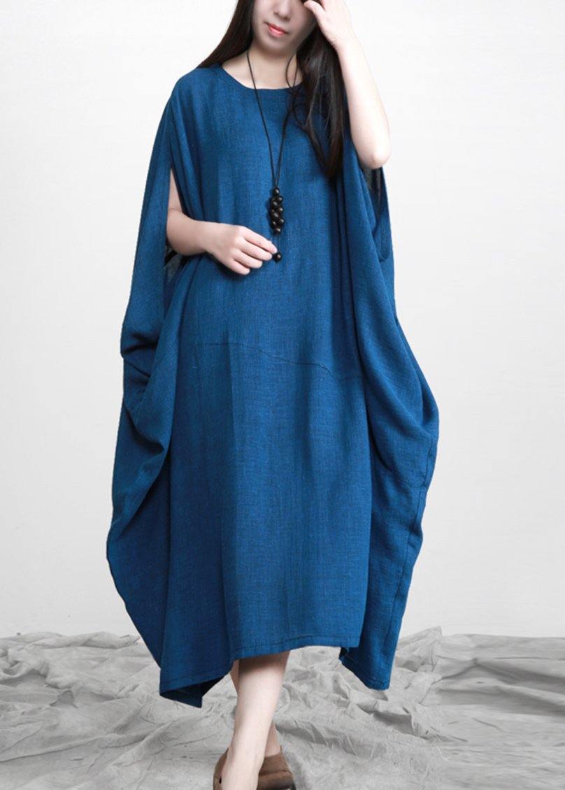 Stylish Blue Batwing Sleeve O Neck Linen Dresses