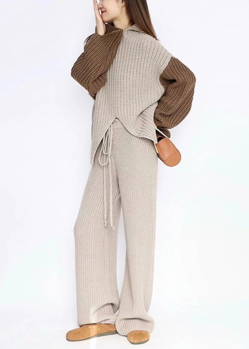 Apricot Asymmetrical Elastic Waist Patchwork Knit Two Piece Set Fall