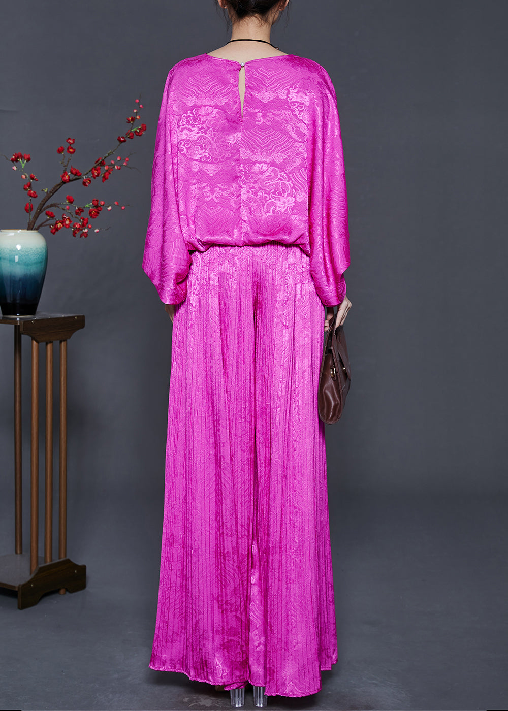 Rose Oversized Print Silk 2 Piece Outfit Batwing Sleeve