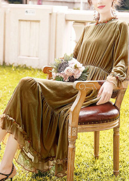 Khaki Ruffled Patchwork Exra Large Hem Silk Velour Dresses Spring