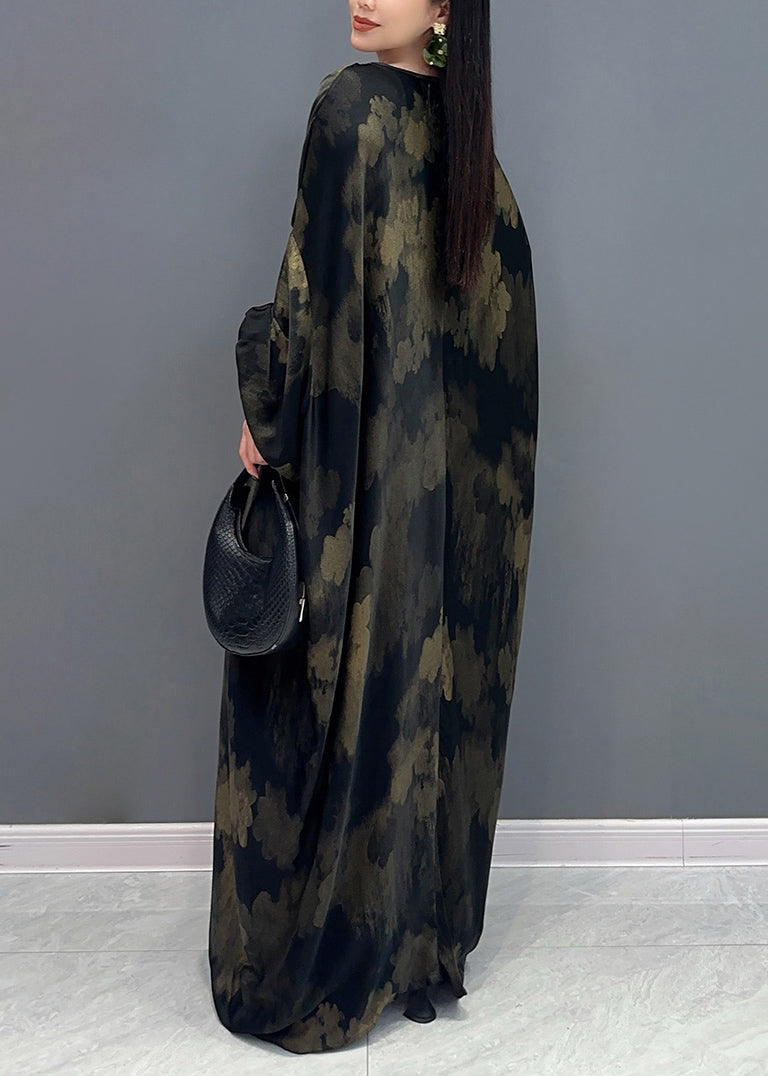 Black V Neck Print Holiday Maxi Dress Long Sleeve