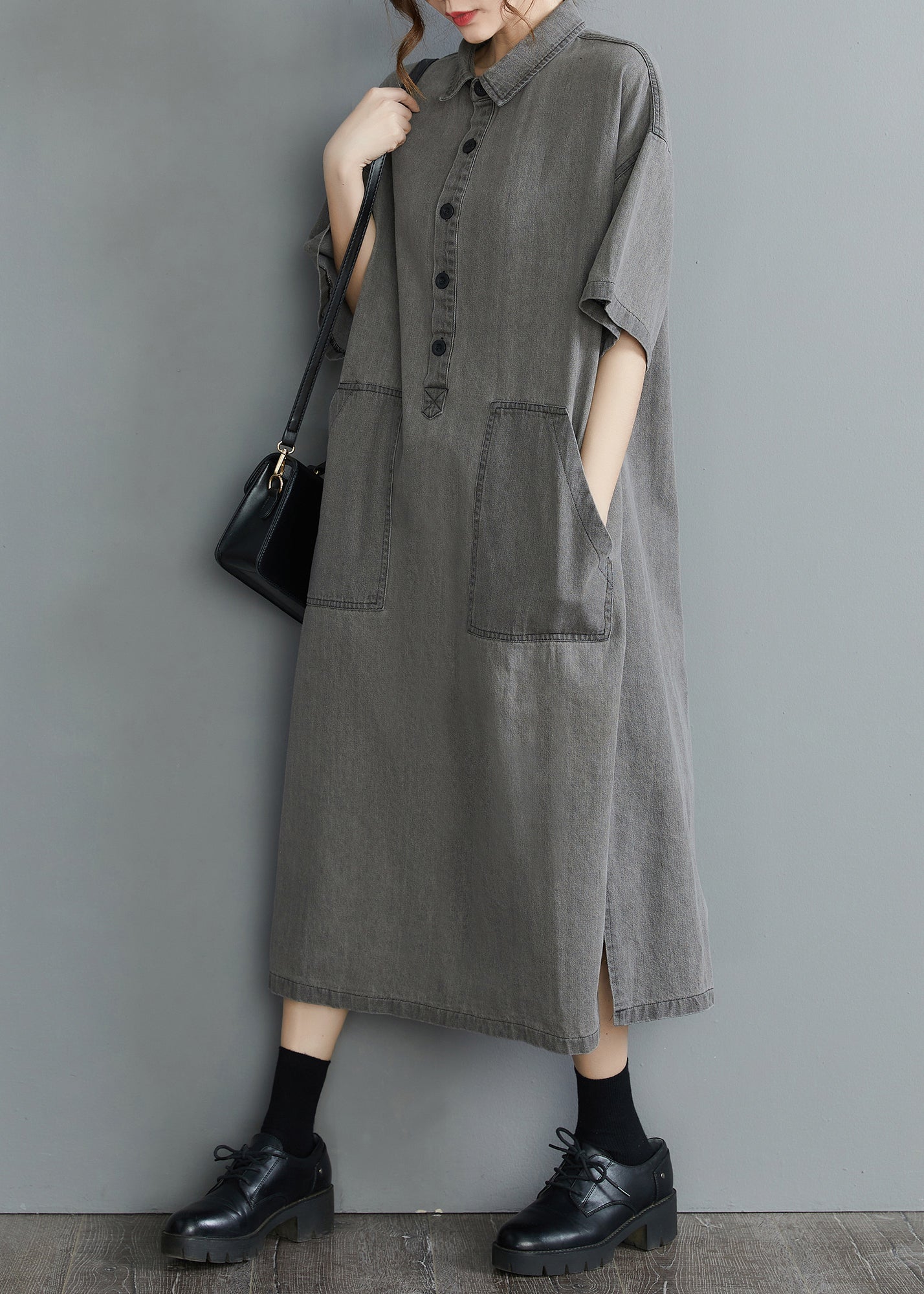 Loose Grey Peter Pan Collar Button Side Open Pockets Denim Dresses Short Sleeve