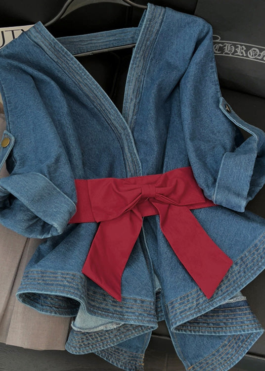 Blue Asymmetrical Bow Patchwork Denim Top Fall