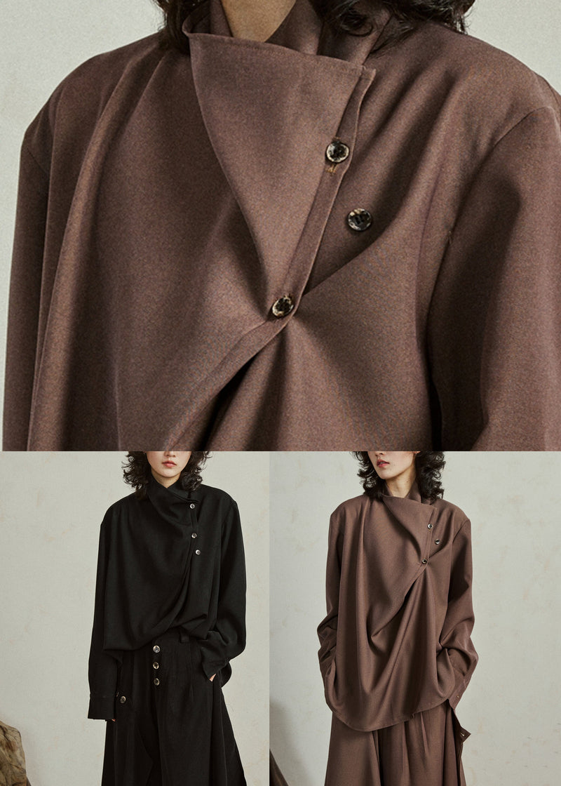 Fine Coffee Asymmetrical Button Cotton Shirt Lantern Sleeve Spring