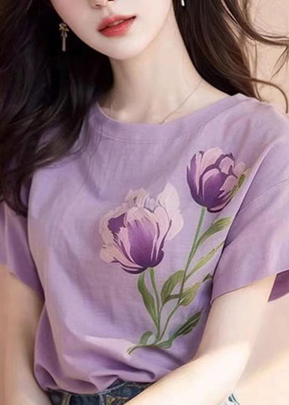 Purple O Neck Print Cotton T Shirt Short Sleeve