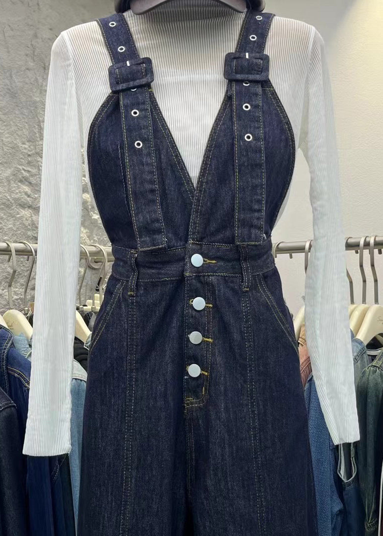 Navy Pockets Patchwork Denim Jumpsuits Spring