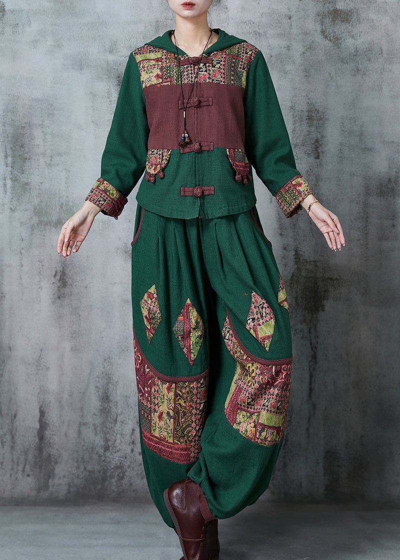 Green Chinese Button Patchwork Cotton Two Piece Set Spring