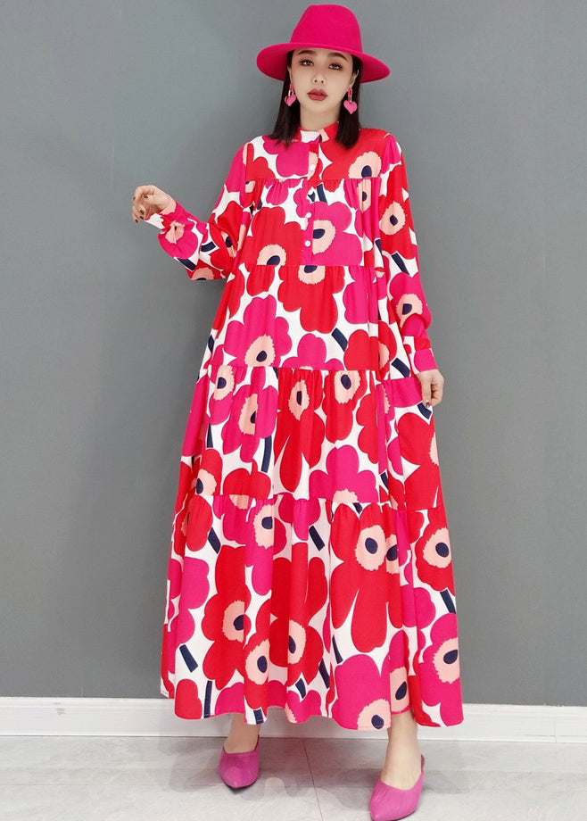 Red Stand Collar Print Patchwork Wrinkled Cotton Long Dress Long Sleeve