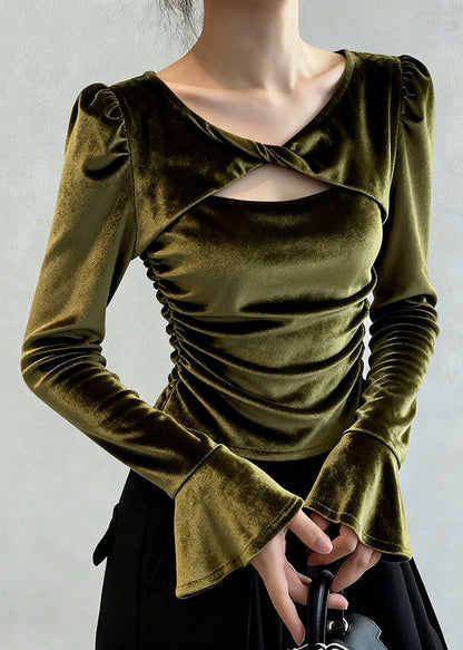 Green Wrinkled Hollow Out Silk Velour T Shirt Flare Sleeve