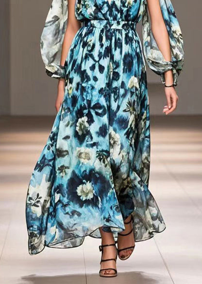 Blue Print Exra Large Hem Chiffon Long Dress Fall