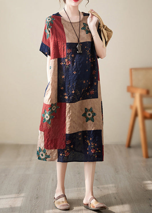Colorblock Print Maxi Dresses Short Sleeve