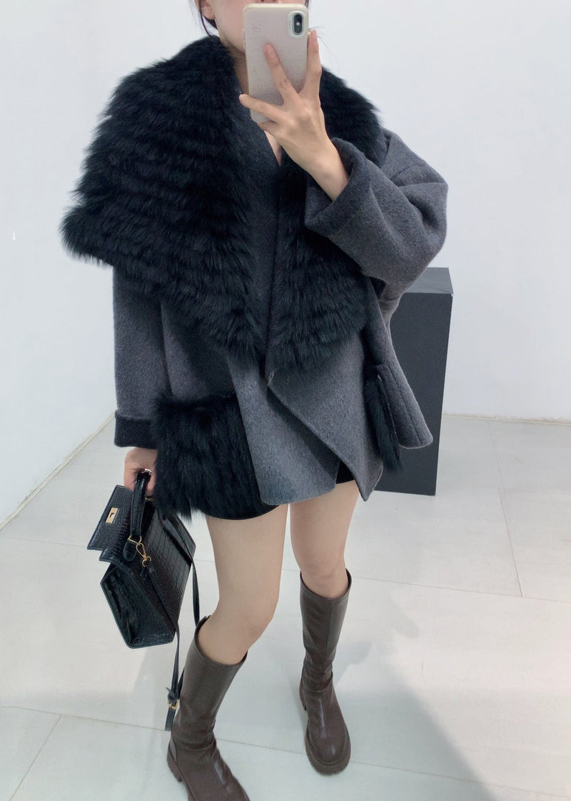 Stylish Black Fur Collar Patchwork Leather and Fur Coats Winter