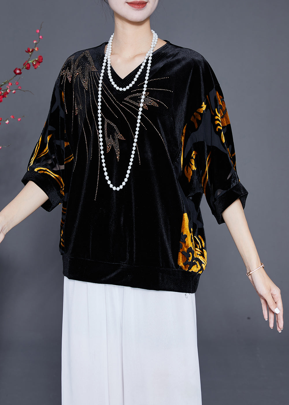 Black Hollow Out Zircon Silk Velour Shirt Top Half Sleeve