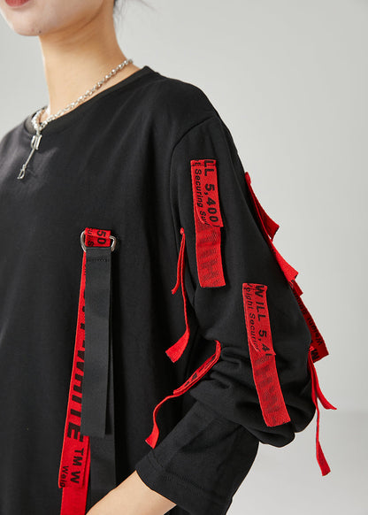 Unique Black Oversized Applique Cotton Pullover Fall