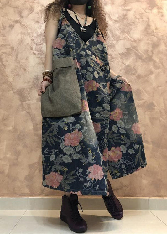 Blue Button Print Denim Spaghetti Strap Dress Sleeveless