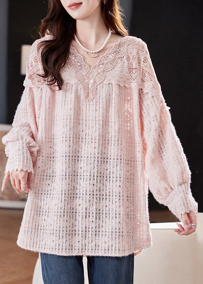 Pink Nail Bead Hollow Out Lace Shirt Spring