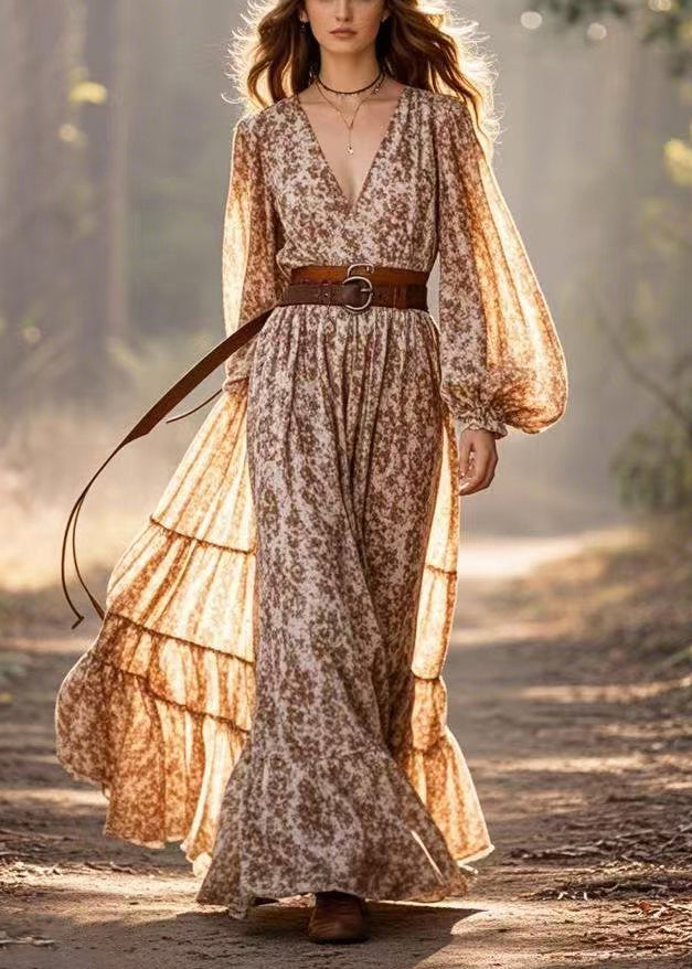 Khaki Cinched Print Cotton Vacation Dresses Lantern Sleeve