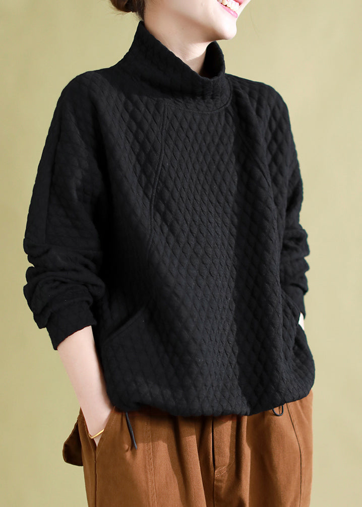 Green Hign Neck Pockets Fine Cotton Filled Pullover Sweatshirt Winter