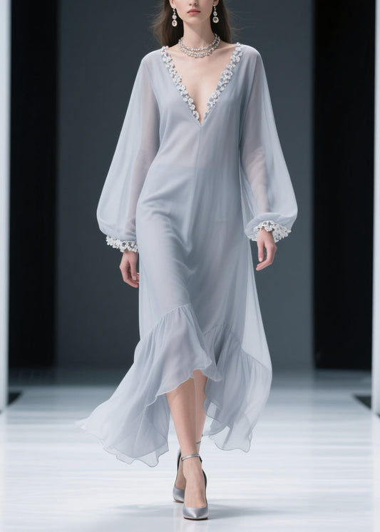Light Grey Lace Chiffon Maxi Dresses V Neck Spring