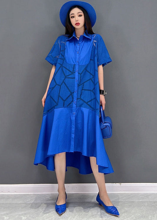 Blue Peter Pan Collar Patchwork Ruffles Low High Design Cotton Dress Short Sleeve