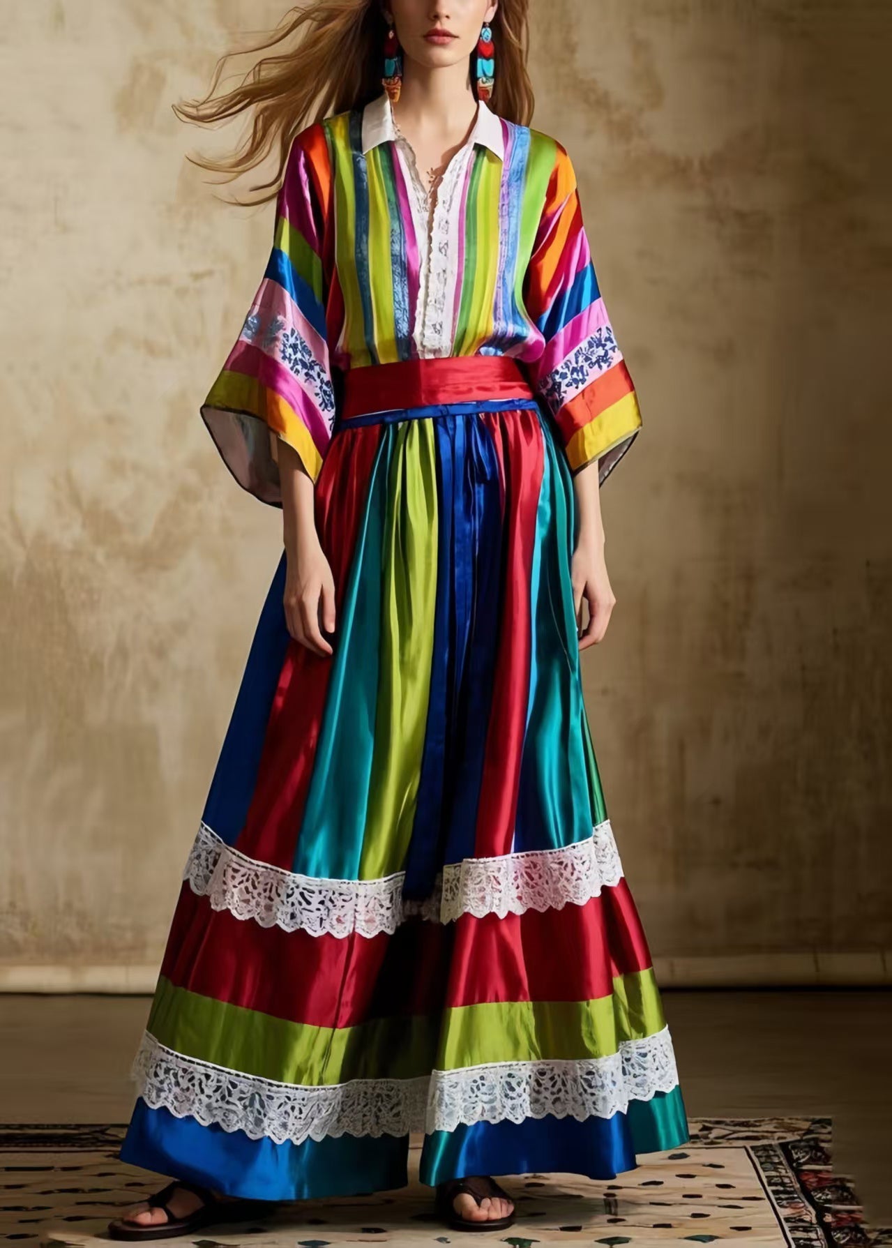 Striped Patchwork Exra Large Hem Silk Skirts Spring