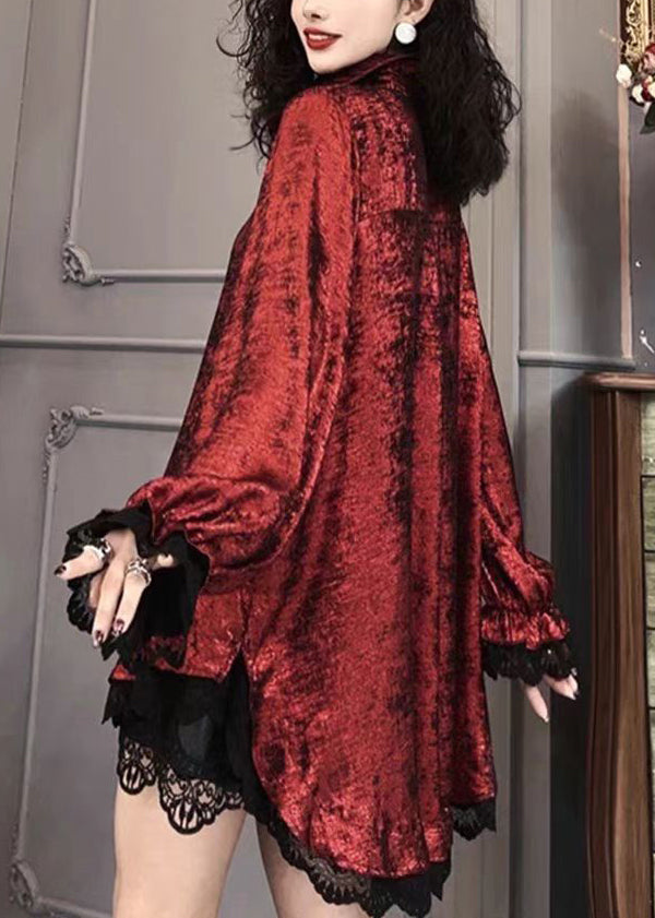 Green Peter Pan Collar Lace Patchwork Silk Shirt Long Sleeve