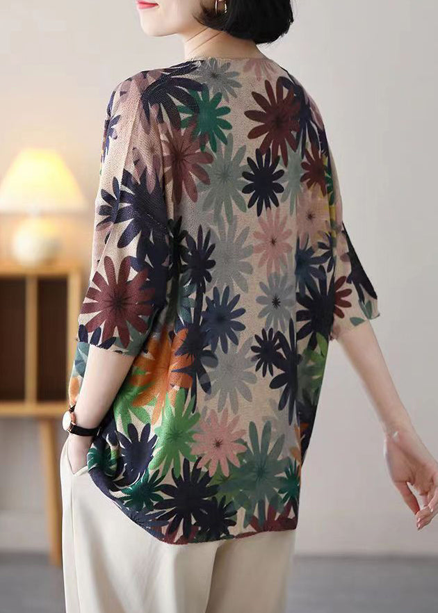 O Neck Print Patchwork Cozy Cotton Knit Top Half Sleeve