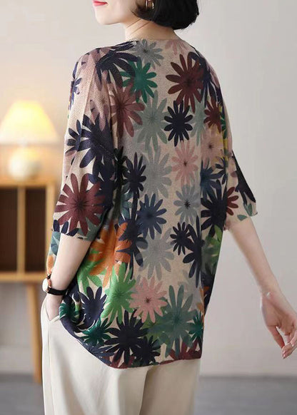 O Neck Print Patchwork Cozy Cotton Knit Top Half Sleeve