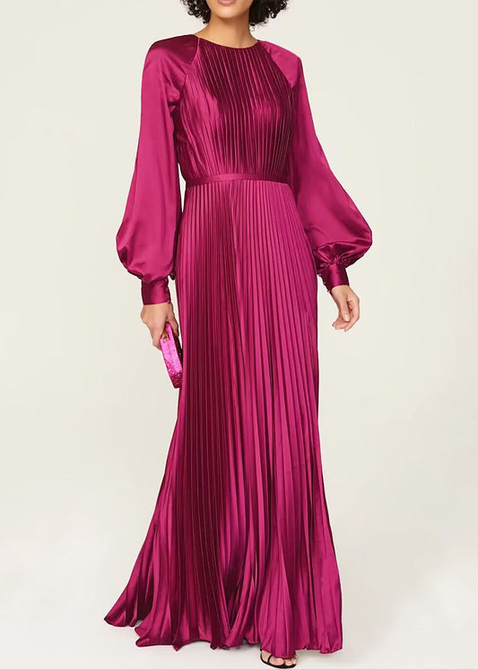 Wine Red O Neck Wrinkled High Waist Silk Dresses Fall