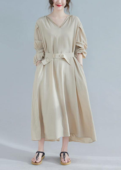 V Neck Spring Clothes Tunic Khaki Maxi Dress