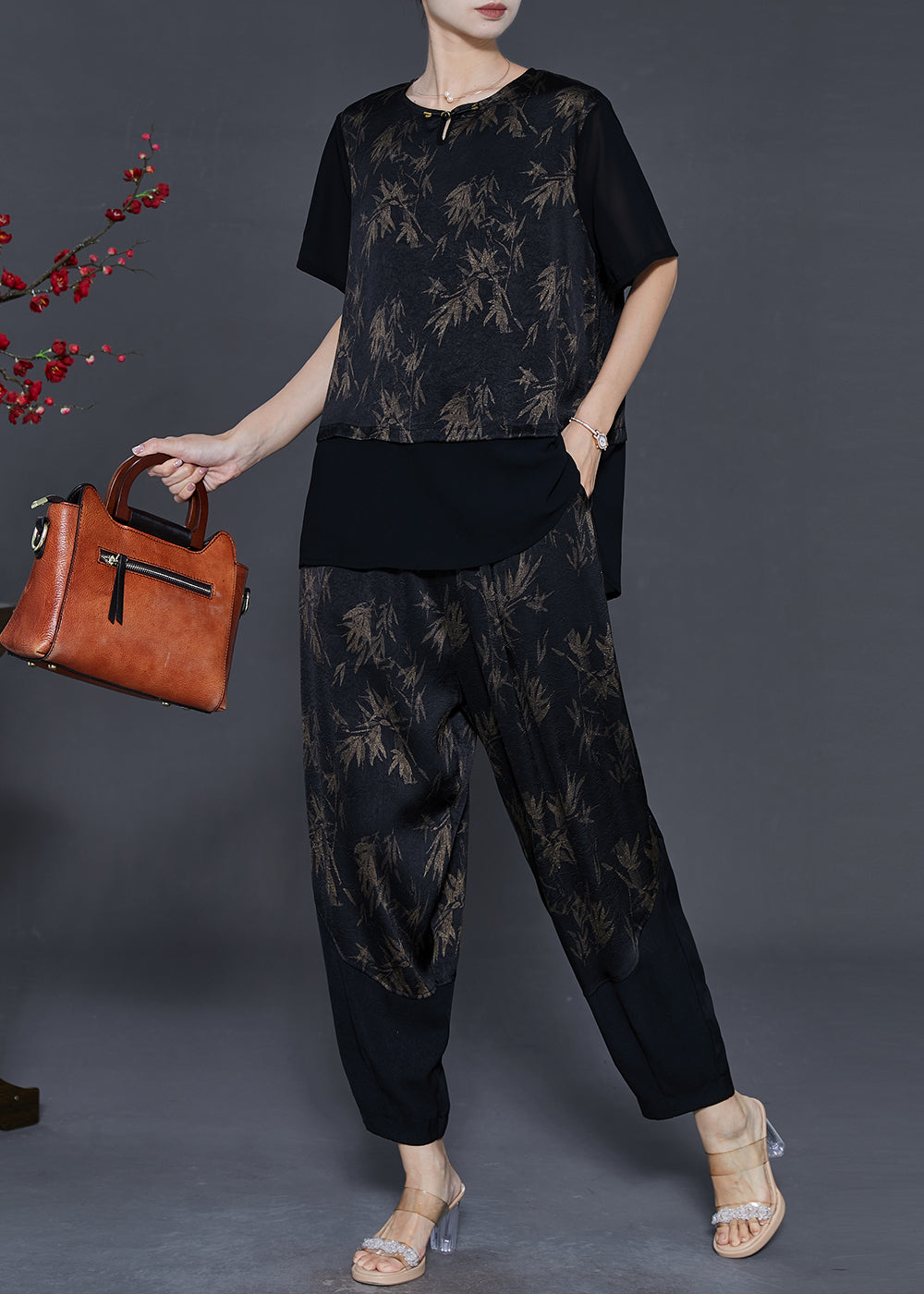 Black Patchwork Silk Two Piece Set Clothing Print Summer