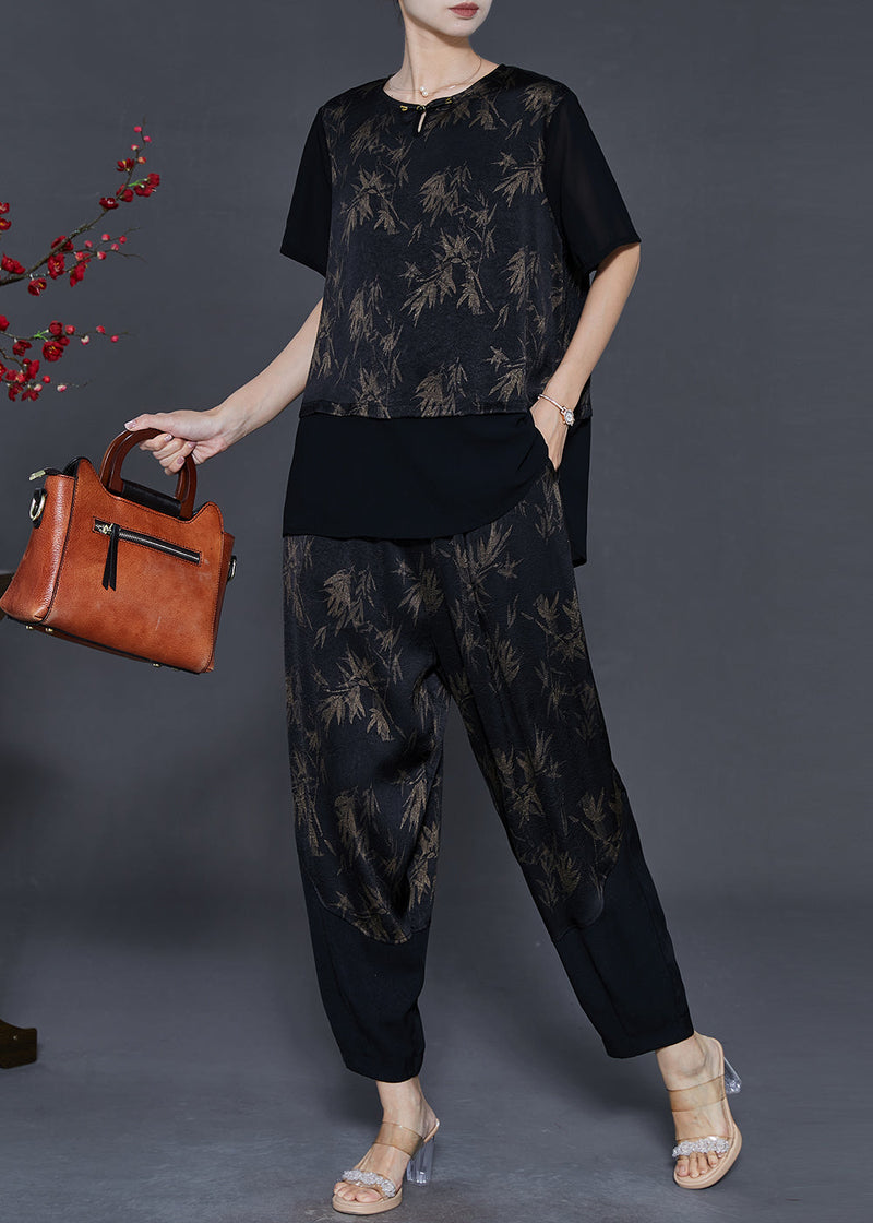 Black Patchwork Silk Two Piece Set Clothing Print Summer