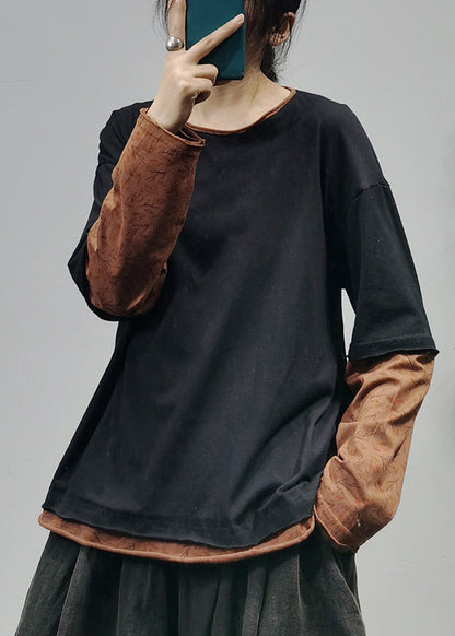 French Black O-neck Patchwork Fake Two Pieces Cotton Sweatshirts Top Long Sleeve
