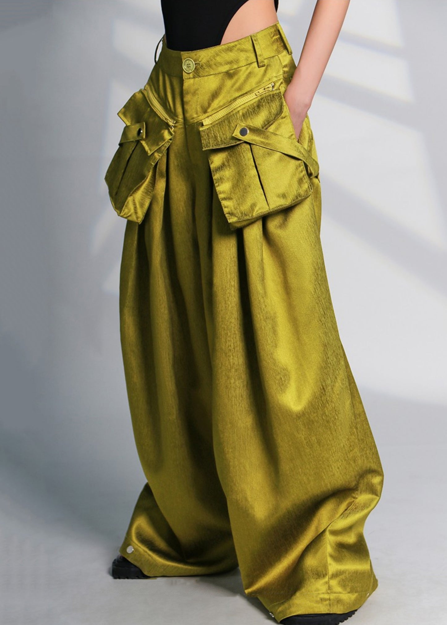 Green Pockets High Waist Cotton Wide Leg Pants Spring
