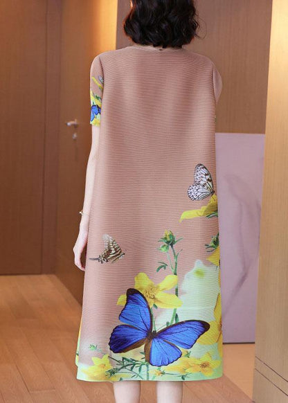 Unique Khaki Butterfly Print Knee Dress Summer Holiday Outfits