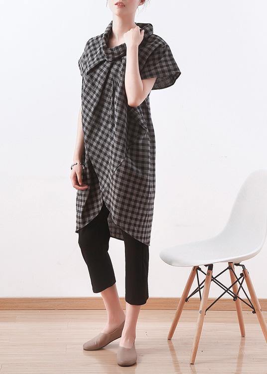Grey Plaid Turtleneck Asymmetrical Design Summer Blouses