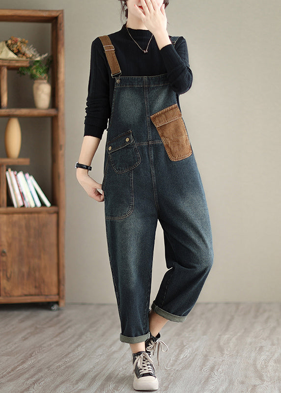 Dark Blue Pockets Patchwork Denim Jumpsuits Spring