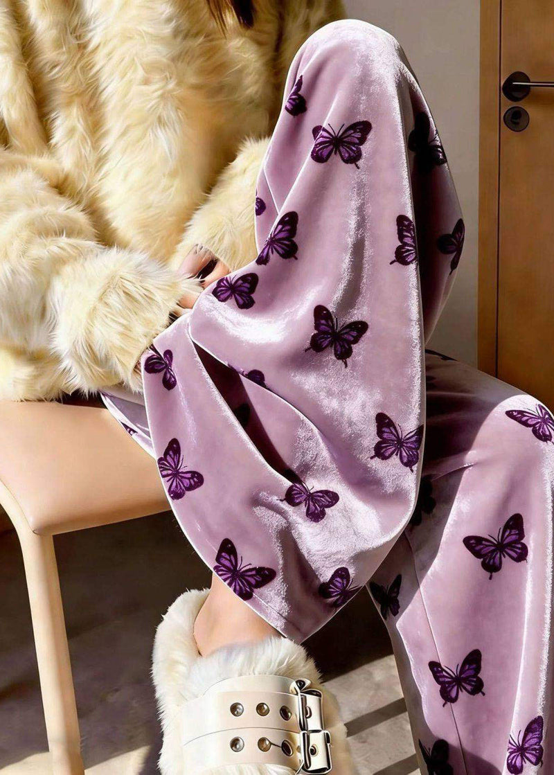Purple Print Draping Silk Velvet Wide Leg Pants