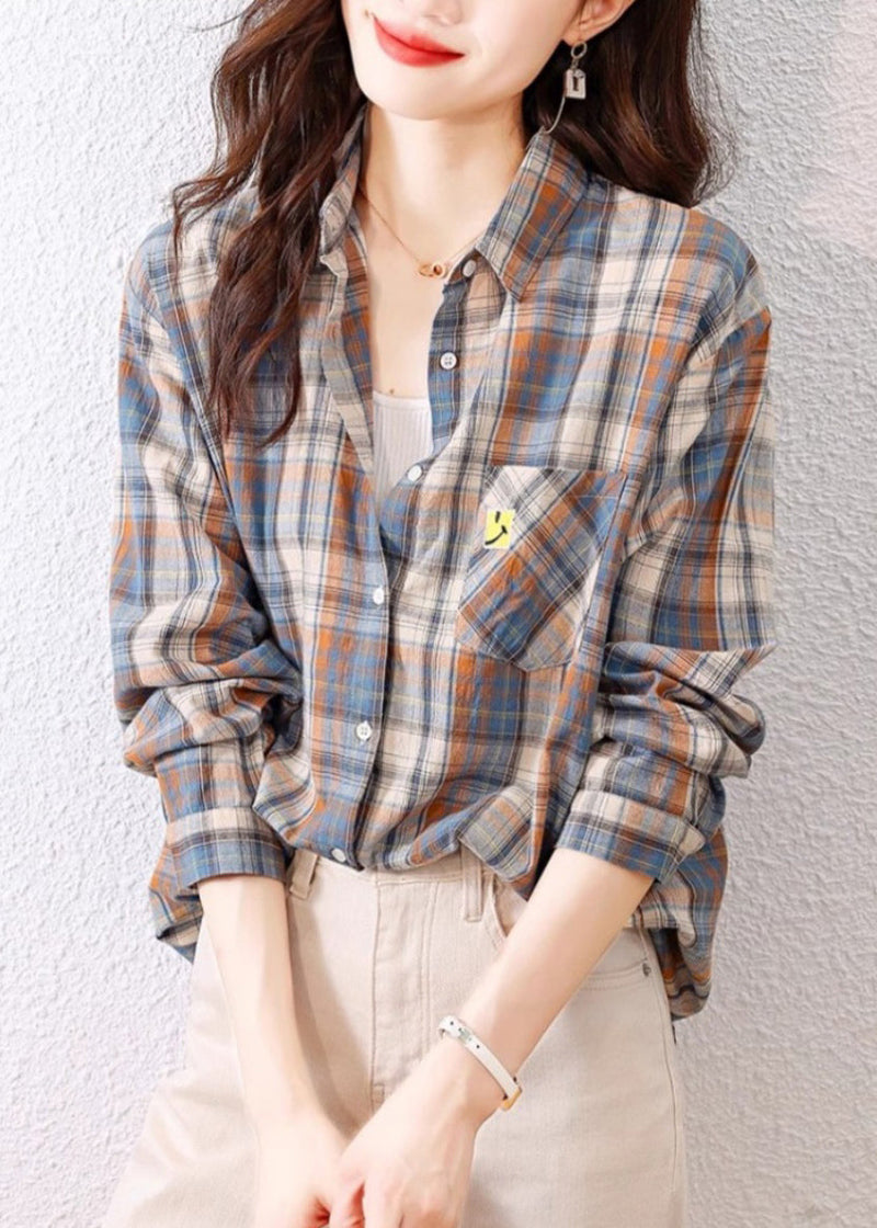 Peter Pan Collar Plaid Cotton Shirts Top Spring