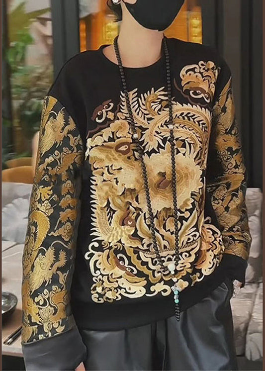Black Oriental Embroideried Cotton Sweatshirts Top Fall