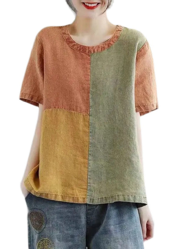 Khaki O Neck Patchwork Cotton Top Short Sleeve