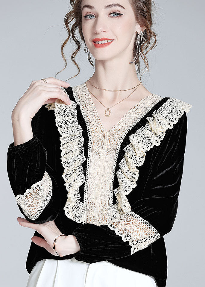 Black V Neck Lace Patchwork Silk Velour Top Spring