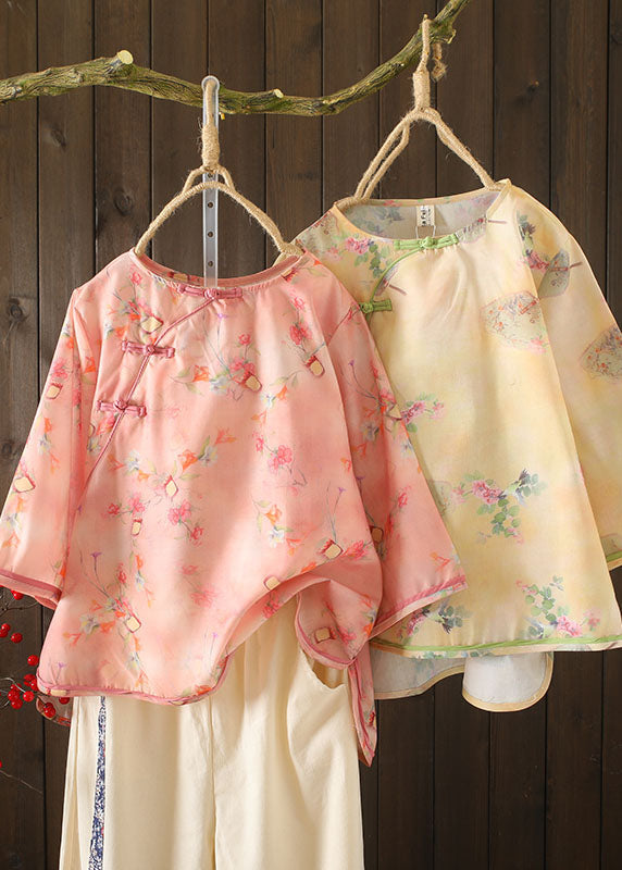 Diy Yellow O-neck Oriental Button Print Cotton Blouse Top Bracelet Sleeve