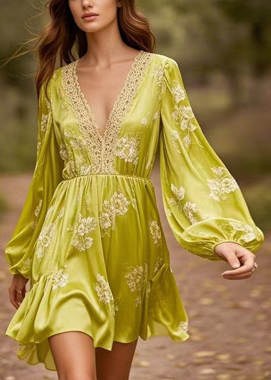 Yellow Green V Neck Print Patchwork Silk Mid Dresses Spring