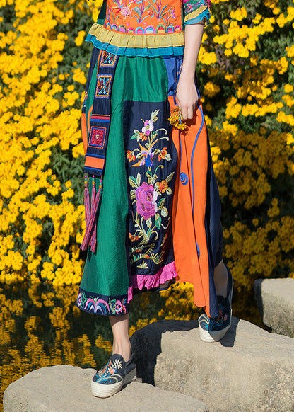Stylish Blue Embroideried Tassel Elastic Waist Maxi Skirt Summer